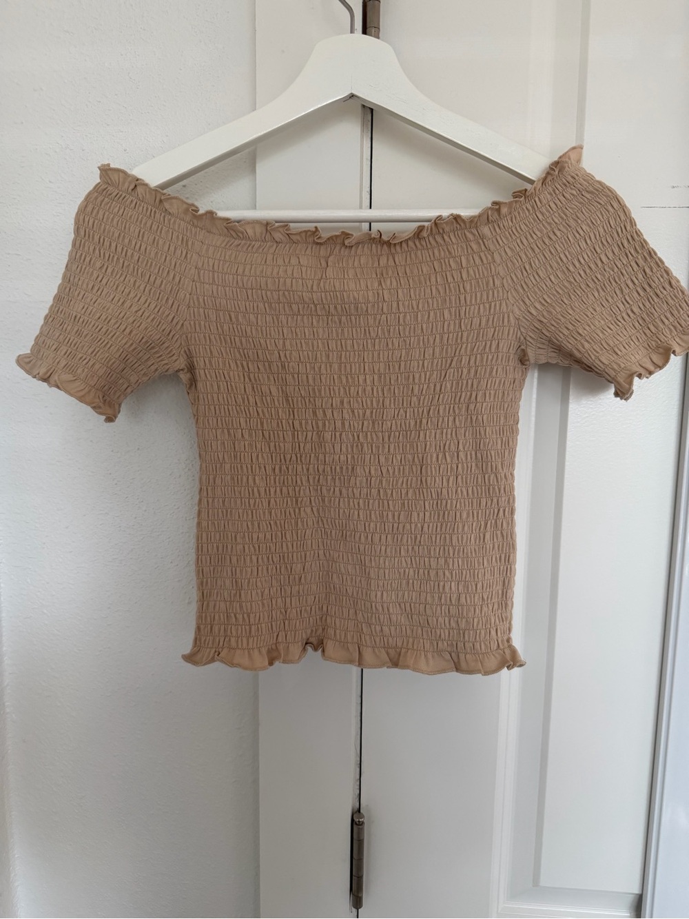 H&M Beige Smocked Off-Shoulder Crop Top